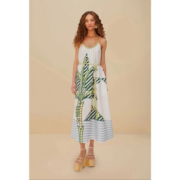 Farm Rio Banana Tree Linen Maxi Dress XL NWT White Tropical Boho Summer Sun
